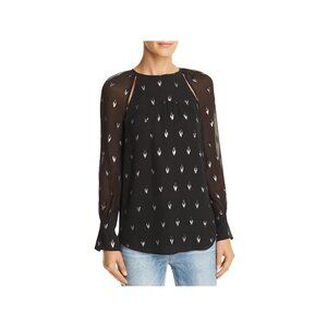 JOIE BLACK WITH SILVER DESIGN SHEER LINED BLOUSE SIZE XS  97% SILK 3% OTHER FIBE